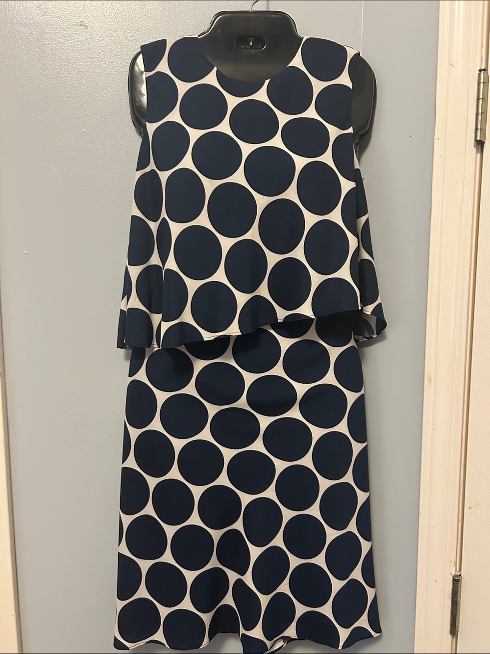 NWT: Donna Morgan Asymmetrical Caped Silky Navy Polka Dot Dress